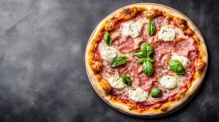 A top-down view of a Parma ham pizza with basil and fresh burrata