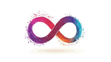 A stylized infinity symbol rendered in a vibrant, multicolored style. The symbol is depicted with a watercolor or paint-splash effect, showing a blend of pink, purple, orange, and blue hues.  The
