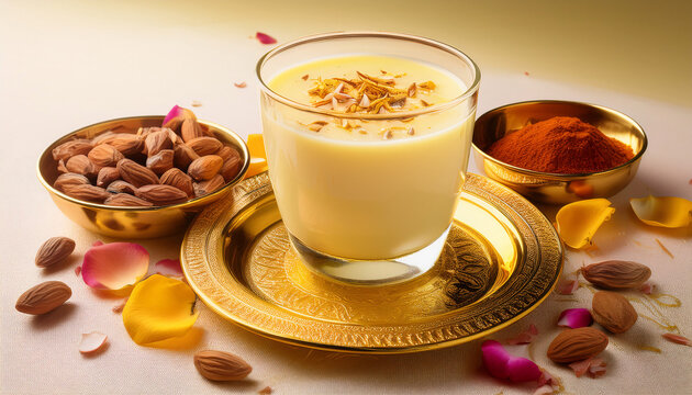 Kesar Badam Milk Bliss &ndash; A luxurious card showcasing a golden-hued glass of saffron-infused badam, Indian drink