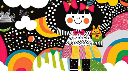 Happy girl with rabbit amidst colorful rainbows, stars, and clouds.