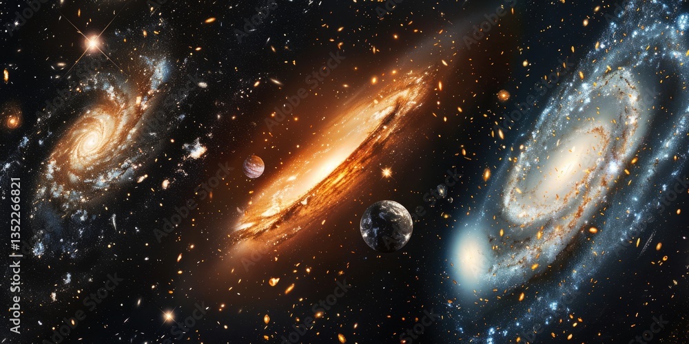 Poster galaxy with planets and stars in outer space. digital artwork of planet or solar system with planet 