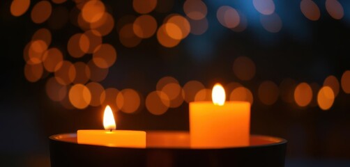 Warm candlelight glows, soft bokeh circles blur night background, glow, peaceful