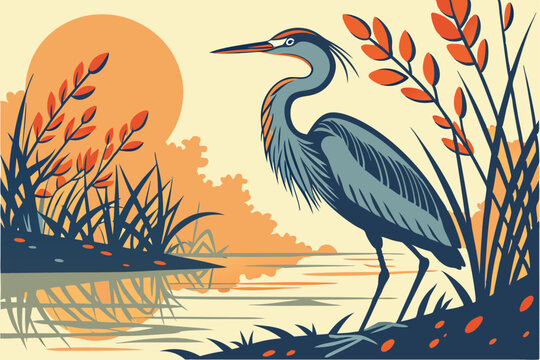 10 Great blue heron, shallow water, golden sunset light, ripples, colorful bokeh background, vibrant orange flowers, sharp focus, wildlife photography, detailed feathers, serene atmosphere, nature por