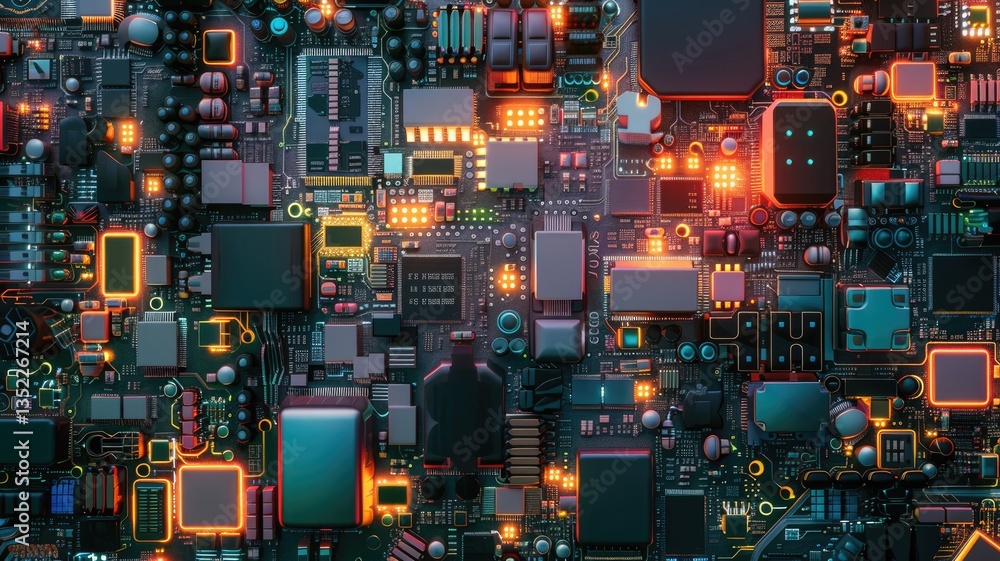 Poster a vibrant abstract representation of a circuit board illuminated with engaging colors and intricate 
