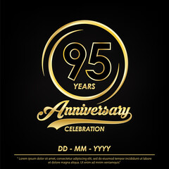 95th years anniversary celebration emblem. anniversary logo with elegance of golden ring on black background, vector illustration template design for celebration greeting card and invitation card