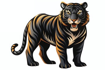 Naklejka premium A majestic black tiger stands proudly, its amber eyes gleaming with power and grace, a symbol of wild strength and untamed beauty against a stark white background.