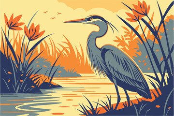 10 Great blue heron, shallow water, golden sunset light, ripples, colorful bokeh background, vibrant orange flowers, sharp focus, wildlife photography, detailed feathers, serene atmosphere, nature por
