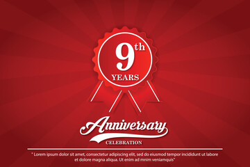 9th years anniversary celebration emblem. elegant golden anniversary logo isolated with red ribbon and medal badge on red background. vector illustration template design