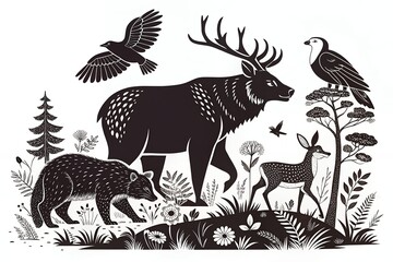 Obraz premium A majestic elk, a playful fawn, a watchful bear, and soaring birds in a tranquil forest scene, depicted in bold black and white linocut style.