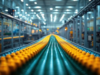 Endless yellow orbs move down a long blue conveyor in a bright, large facility