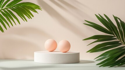 Fototapeta premium Pastel eggs on podium, tropical leaves, minimal background. Possible use Product display, food photography