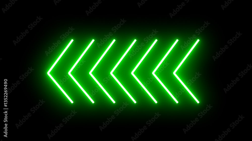 Poster seven 7 shapes of glowing green neon arrows fade in and fade out motion graphic, right to left arrow