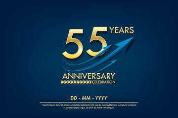 55th years anniversary celebration emblem. elegance golden anniversary logo isolated with blue arrow ribbons on blue background. vector illustration template design