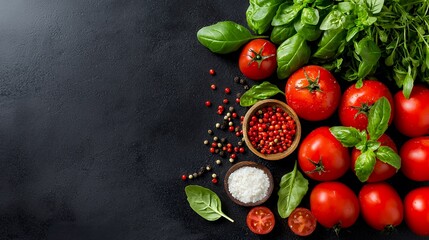 Fresh Organic Tomatoes with Basil Leaves and Spices on Black Background