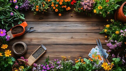 Obraz premium Flat-Lay of Gardening Tools, Seed Packets, and Freshly Picked Flowers Arranged on a Rustic Wooden Surface