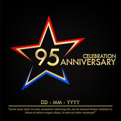 95th years anniversary celebration emblem. elegance golden anniversary logo with red and blue star shape. vector illustration template design for web, leaflet, flyer, greeting card