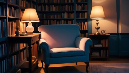 A Cozy Library Room Featuring Lamps Books And Comfortable Seating
