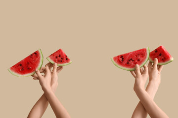 Female hands with slices of ripe watermelon on beige background