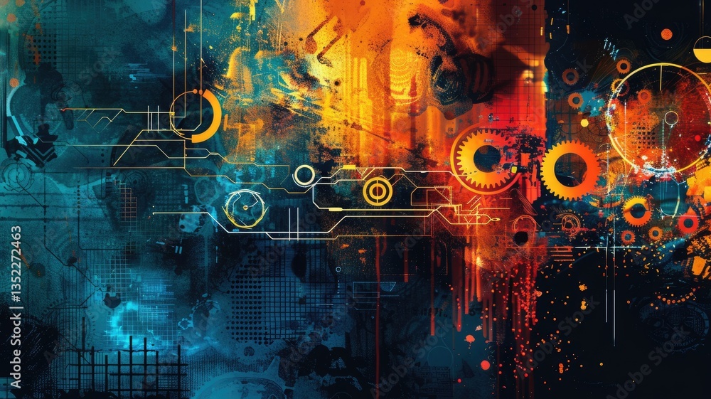 Poster this dynamic abstract digital art piece features vibrant colors and intricate patterns, creating a v