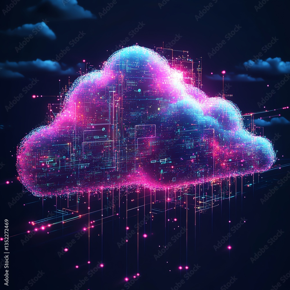 Poster a vibrant 2d illustration of cloud computing technology, showcasing digital clouds, data processing,