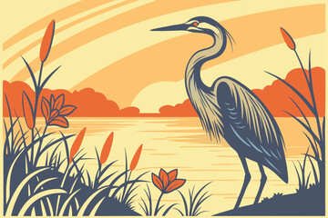 10 Great blue heron, shallow water, golden sunset light, ripples, colorful bokeh background, vibrant orange flowers, sharp focus, wildlife photography, detailed feathers, serene atmosphere, nature por