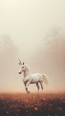 Magical Unicorn in Misty Autumn Field.