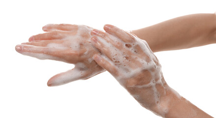 Woman washing hands with foaming soap on white background, closeup. Hygiene
