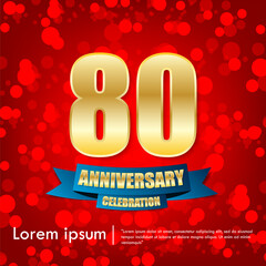 80th years anniversary celebration emblem. elegance golden anniversary logo isolated with blue ribbon on red bokeh background vector illustration template design for web, leaflet, flyer, greeting card