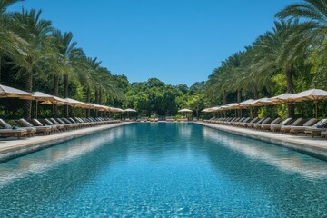 Obraz premium Long swimming pool surrounded by palm trees and umbrellas on a sunny day