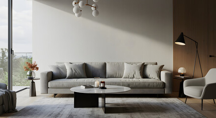 Modern minimalist living room with neutral-toned sofa, marble coffee table, and cozy lighting in a stylish interior design setting