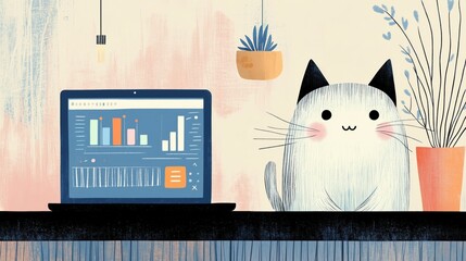 Cute Cat with Laptop in Cozy Workspace Illustration