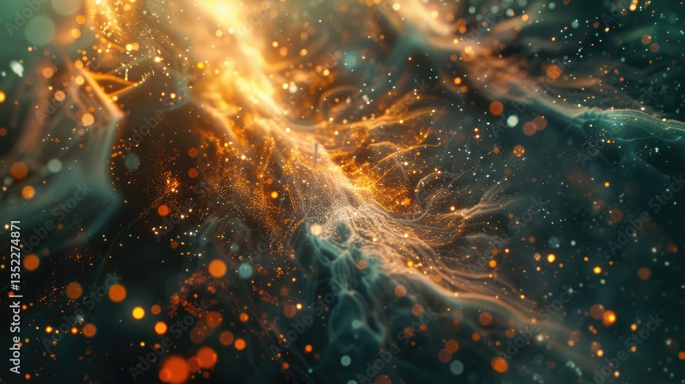 Poster abstract galaxy with swirling blue and orange particles. digital artwork for design of cloud and smo