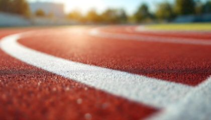athletic track, red rubber surface, white lane marking, close-up view, shallow depth of field