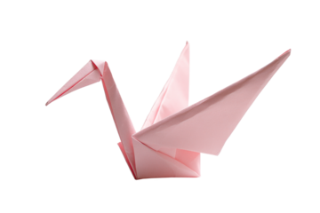 Pink Origami Bird in Flight on White Background