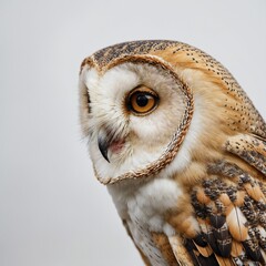 "A realistic barn owl with golden-brown and white feathers, staring directly ahead with piercing black eyes, set against a clean white background."