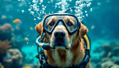 Labrador Dog Scuba Diving Underwater Ocean Scene
