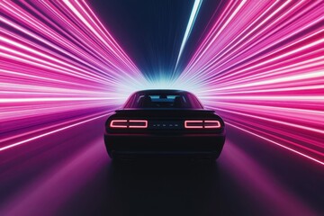 A black car speeds through neon colored light trails