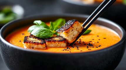 Enjoying Creamy Tomato Soup with Tofu and Fresh Basil