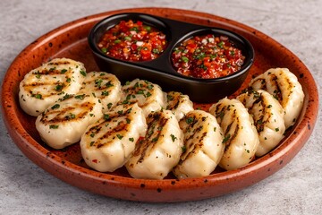 Exquisite presentation of grilled dumplings with vibrant dipping sauces