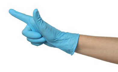 Doctor in medical glove pointing at something on white background, closeup