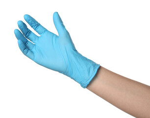 Doctor in medical glove on white background, closeup