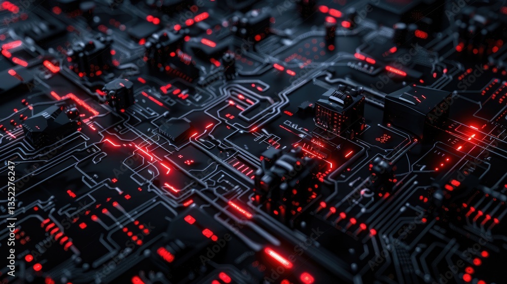 Poster dark and futuristic cyber background featuring intricate circuits and glowing lines, perfect for tec