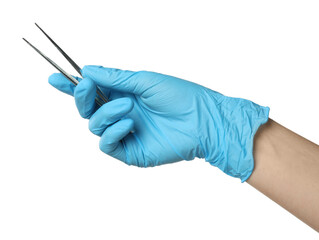 Doctor in medical glove holding tweezers on white background, closeup