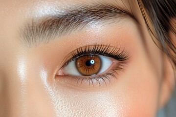 Fototapeta premium Close-up View of a Persons Eye Showcasing Natural Beauty and Detailed Eyelashes in Soft Lighting