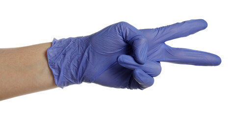Doctor in medical glove showing two fingers on white background, closeup