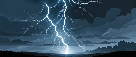 Crackling white lightning illuminating stormy blue grey haze