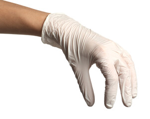Doctor in medical glove holding something on white background, closeup