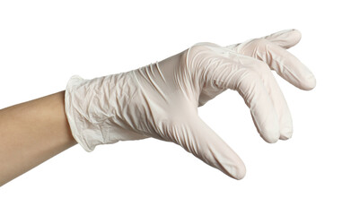 Doctor in medical glove holding something on white background, closeup