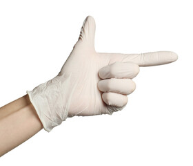 Doctor in medical glove pointing at something on white background, closeup
