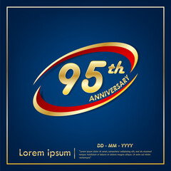 95th years anniversary celebration emblem. elegance anniversary golden logo with red ring on blue background. vector illustration template design for web, flyers, poster, greeting card